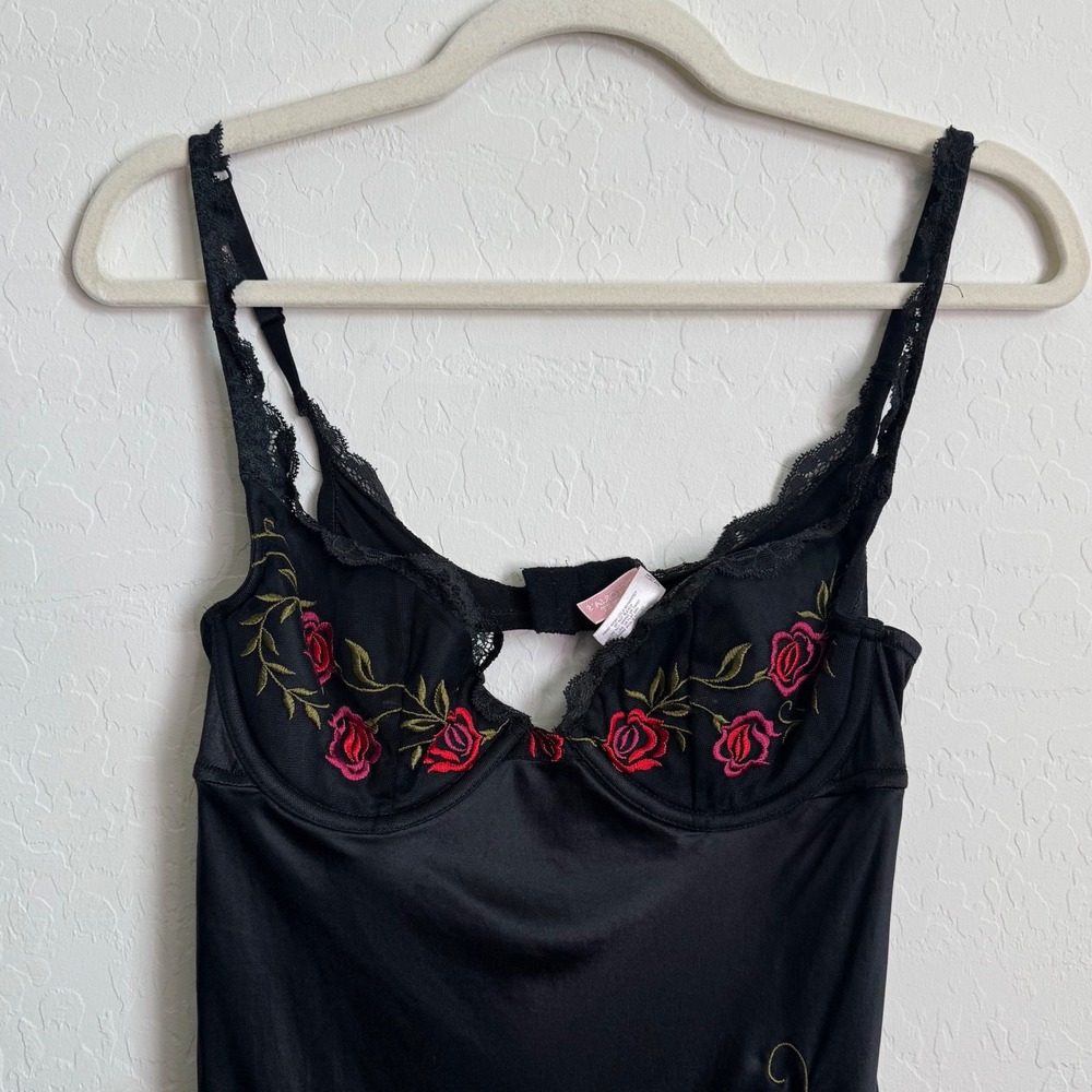 VTG Victorias Secret Black Silk Rose Embroidered Slip Dress 36B Y2K Whimisgoth - Picture 4 of 11